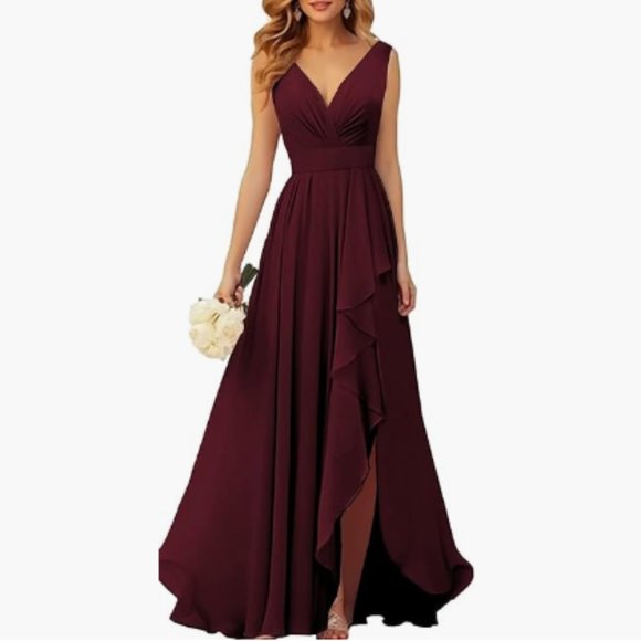 Burgundy A Line Long Formal Dress - Picture 1 of 6